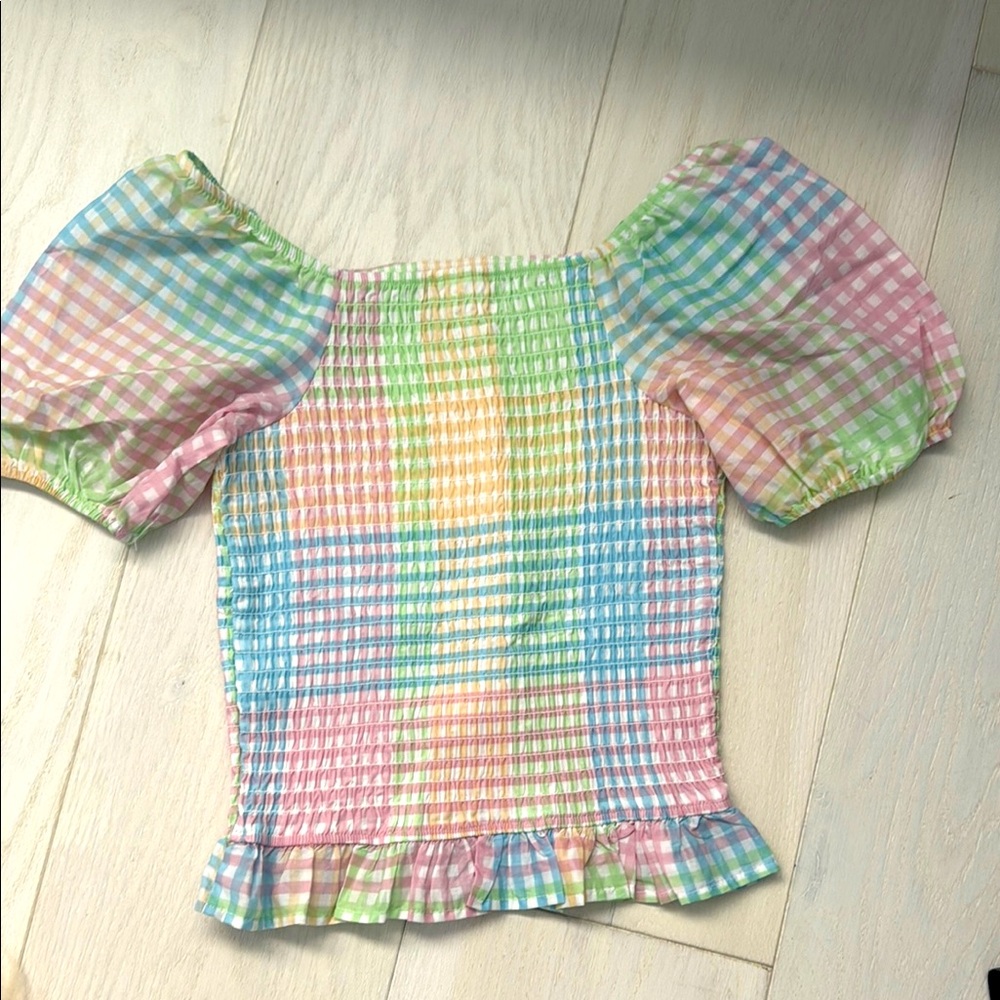 Art Class Pink and Blue Smocked Blouse with Puff Sleeves